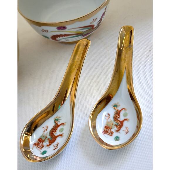CHINESE SOUP/RICE/NOODLE BOWLS-Spoons-Vintage-Gold Trim-Phoenix & Dragon-Set 2 - Picture 4 of 14